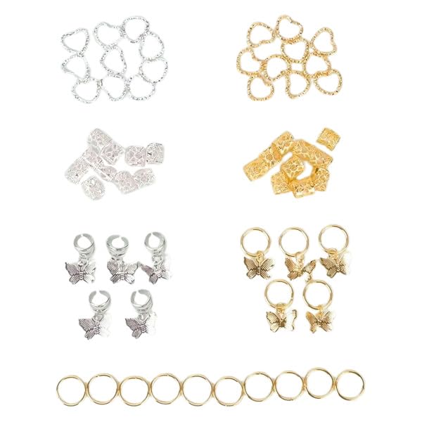 Set of 60 Butterfly Hair Rings, Heart Shape, Gold and Silver, for Braiding, Kids Hair Clips, Hair Tips, Hair Beads, Hair Ornaments, Makeovers, Flashy