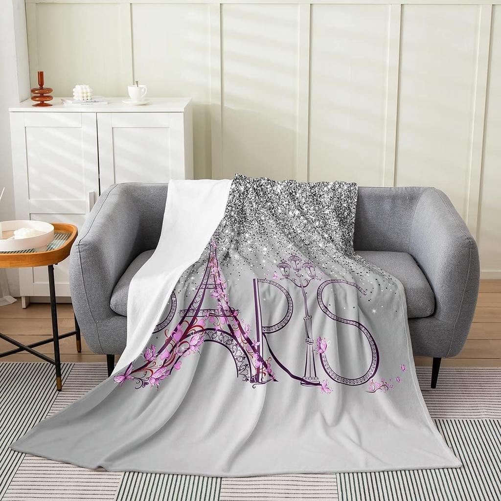 Glitter Print Eiffel Tower Plush Throw Blanket Teal Blue All Season Bed Blanket Paris Flannel Fleece Throw x Inches