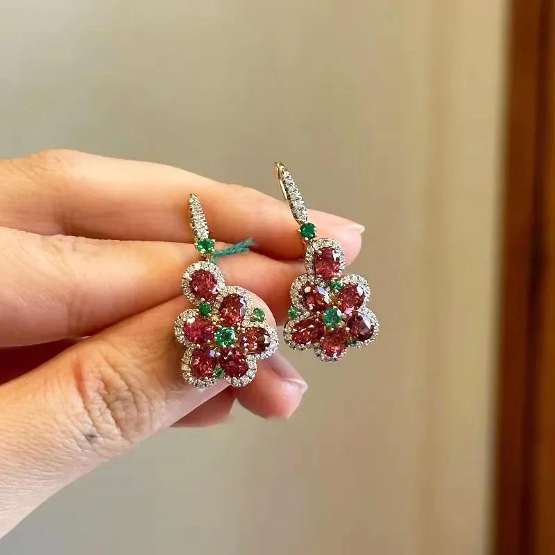 

Милые Ослепительные Серьги-цветы с яркими красными камнями в пасторальном стиле для женщин, кольца, маленькие изысканные серьги, свадебный ювелирный набор