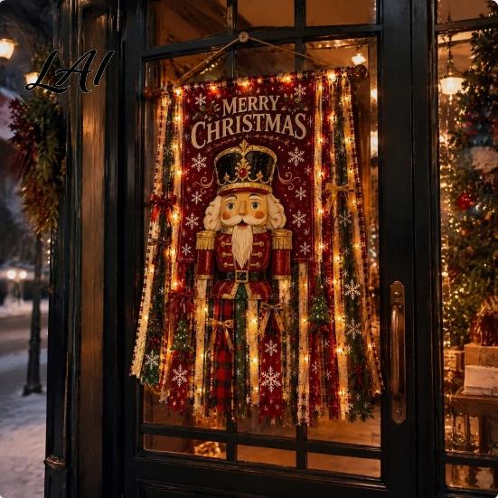 Santa Claus Elk Snowman Gingerbread Man Banner Christmas Hanging Cloth Decoration with LED Light for Home Door Wall And Window Holiday Indoor Outdoor