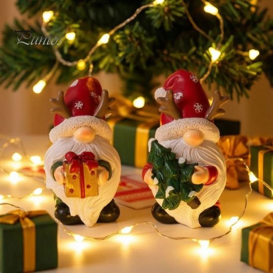 Christmas Home Accents Gnome Figurine, Resin Red Santa Dwarf Statue with Tree/Gift Box, Desktop Ornament Tomte Swedish Nordic for Table Mantel Office