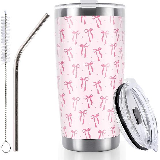 Whaline Pink Bow Tumbler Stainless Steel Travel Tumbler with Lid Straw Brush Coquette Bowknot Coffee Mug Cup for Women Friend Holiday Birthday Party