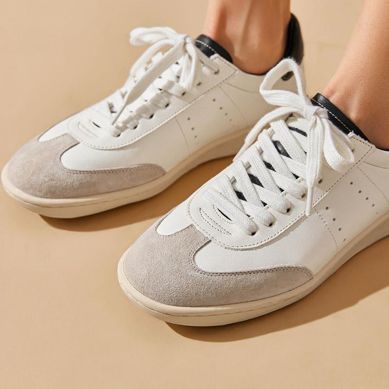 Mode BEAUTODAY Lässige Wildleder-Sneakers Damen Gemischte Farben Leder Ballerinas Schnürverschluss Damen Bequeme Schuhe Handgefertigt 29860