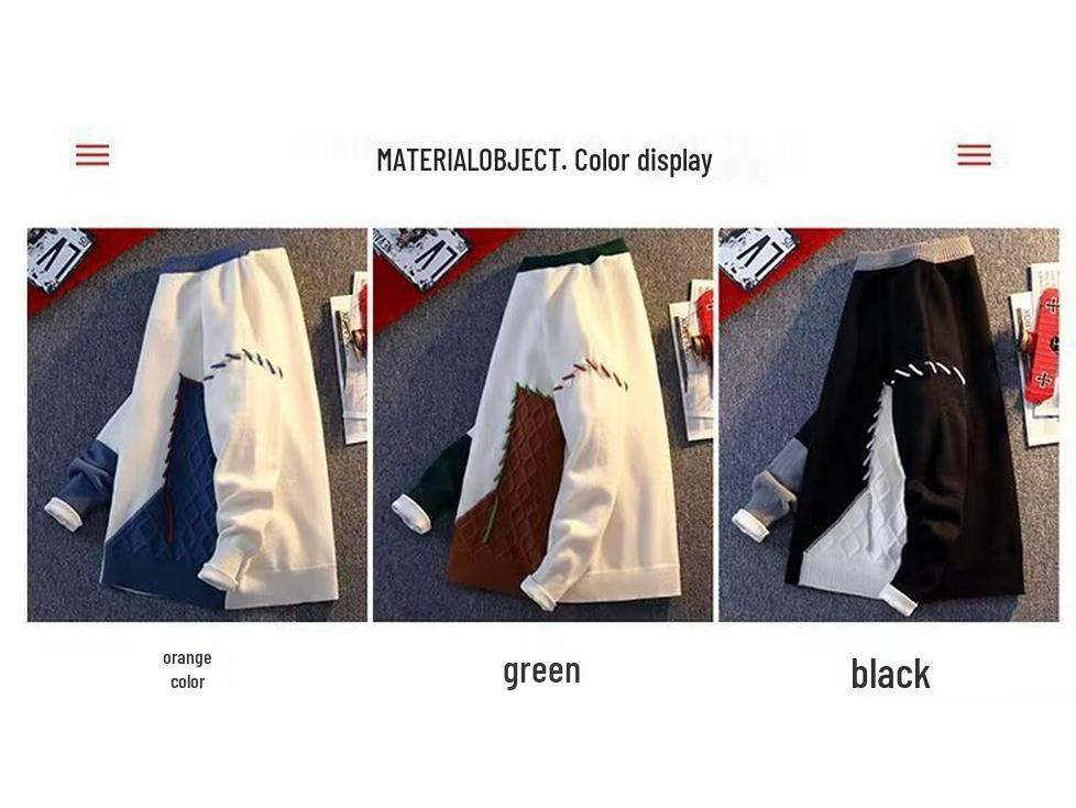 Unisex Patchwork Color-Block Sweater: Casual, Loose-Fit Knit Pullover for Autumn and Winter
