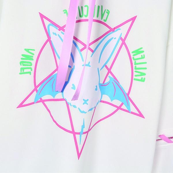 Harajuku Pentagram Lace Embossed Women's Polar Hoodies Punk Gothic Cute Bunny Oversize Hooded Velvet Sweatshirt Jersey Streetwear