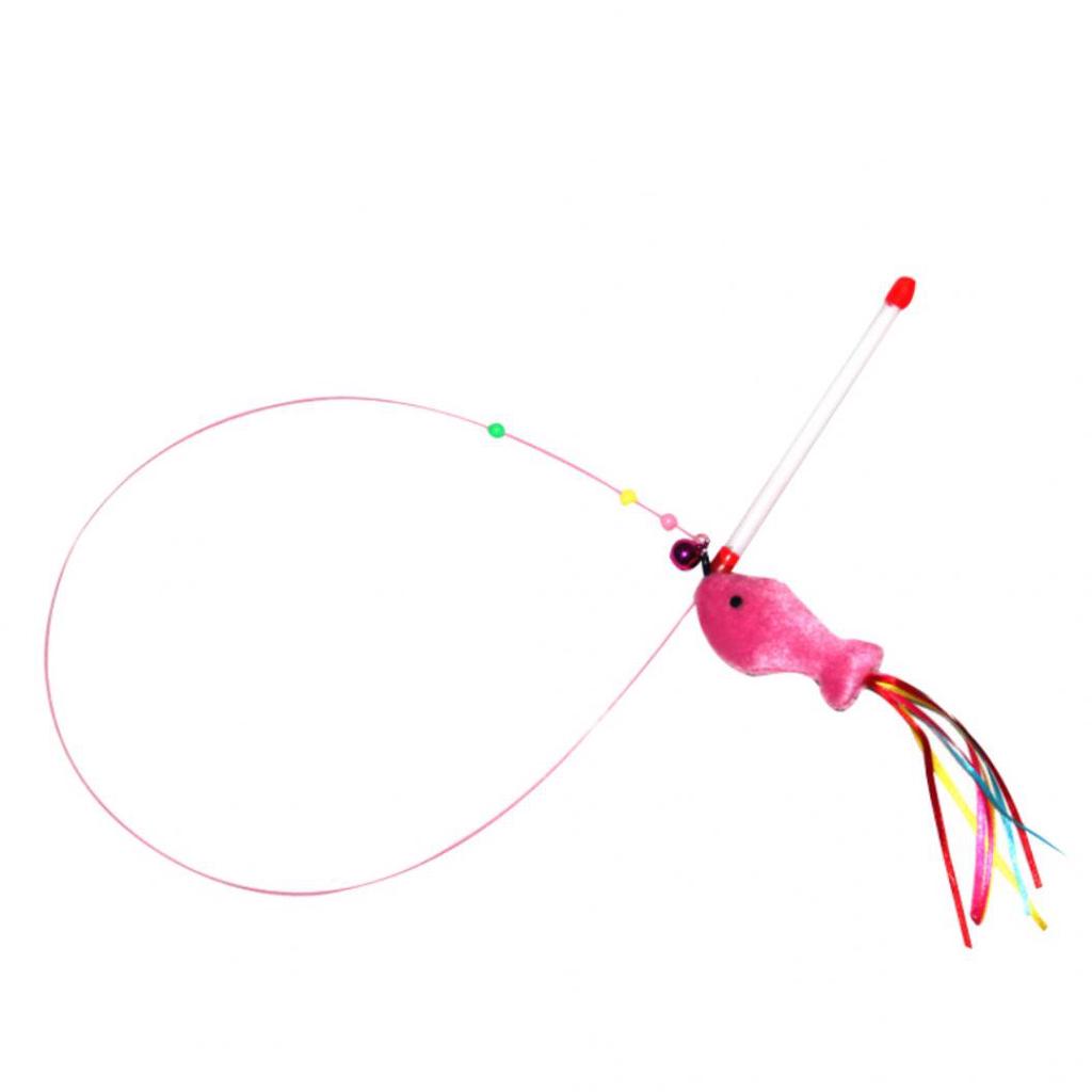 Funny Pet Cat Teaser Steel Wire Plush Fish Bell Wand Kitten Interactive Toy
