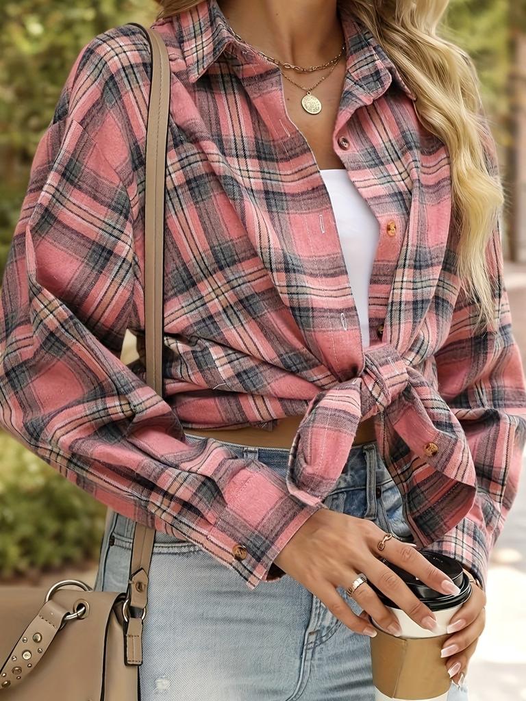 Vintage-Inspired Plaid Long Sleeve Shirt for Women - Blend, Button-Up, Machine Washable - Perfect for Fall & Spring