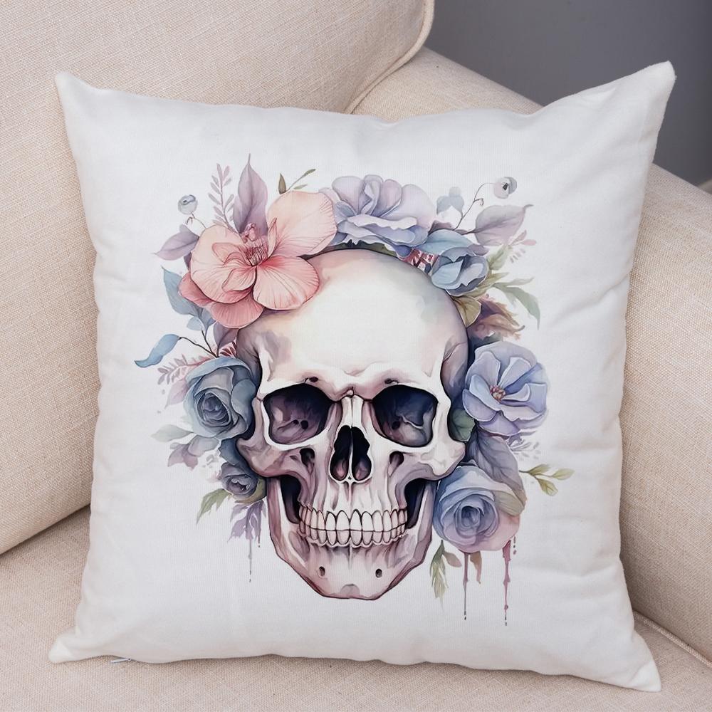 Coral Petal Skull Cushion Cover Double Print Orchid Watercolor Pillowcase Soft Plush Lavender Floral Skull Cushion Cover 40cmx40cm