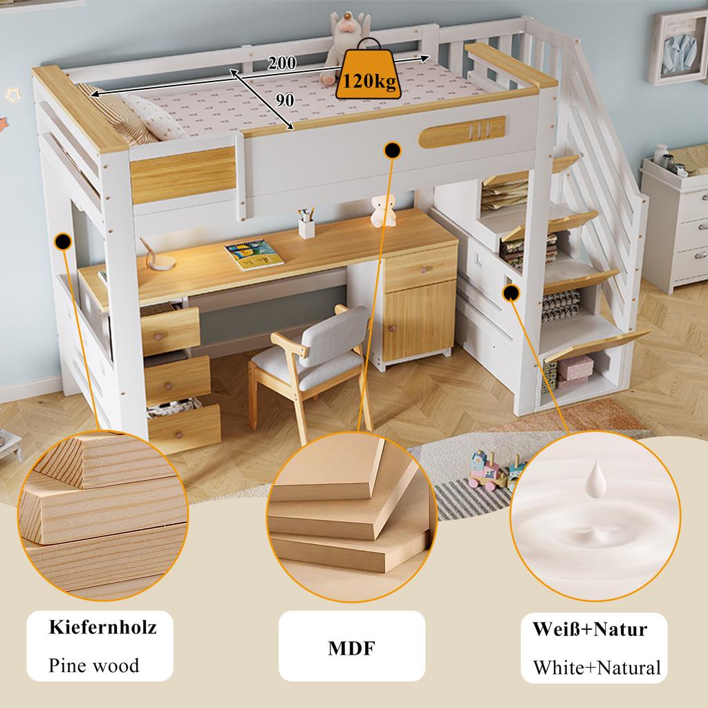 Hoogslaper 90x200 cm Wit Natuurlijk Hout, met Bureau, Lades, Opbergtrap en Hangplank, Ruimtebesparend Functioneel Bed voor Kinderkamer