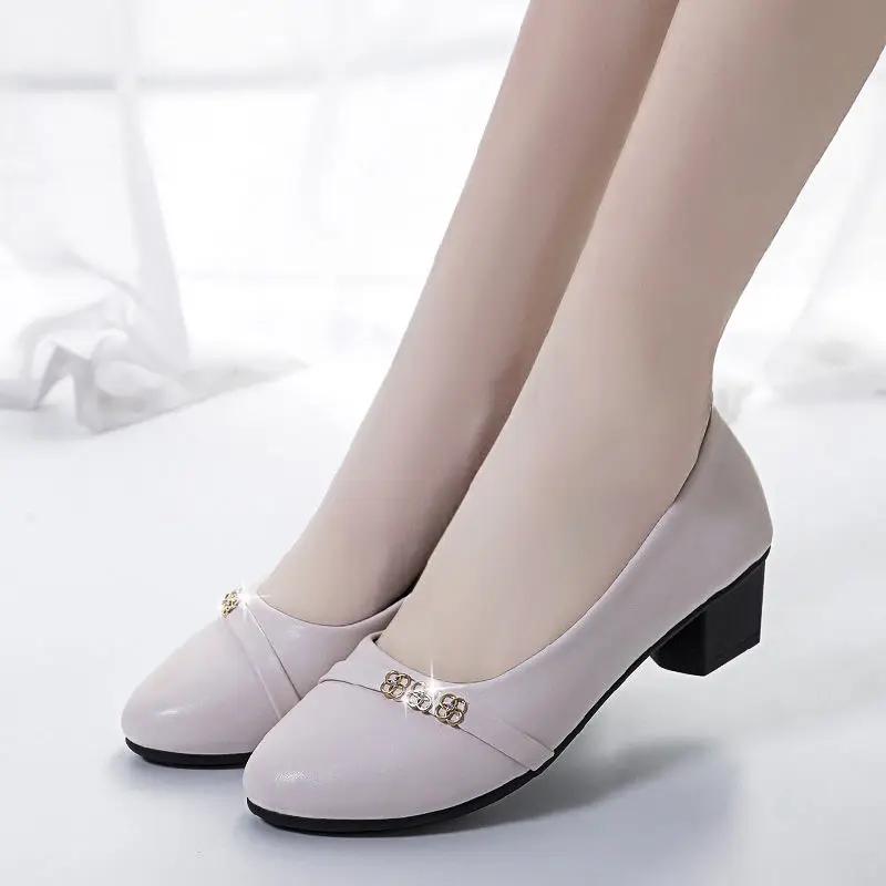 Fashion Office Chunky Heels with Medium Block Heel Women's Shoes Pointed Toe Moccasins Ladies Pumps High Quality Lastest Luxury Brand 39