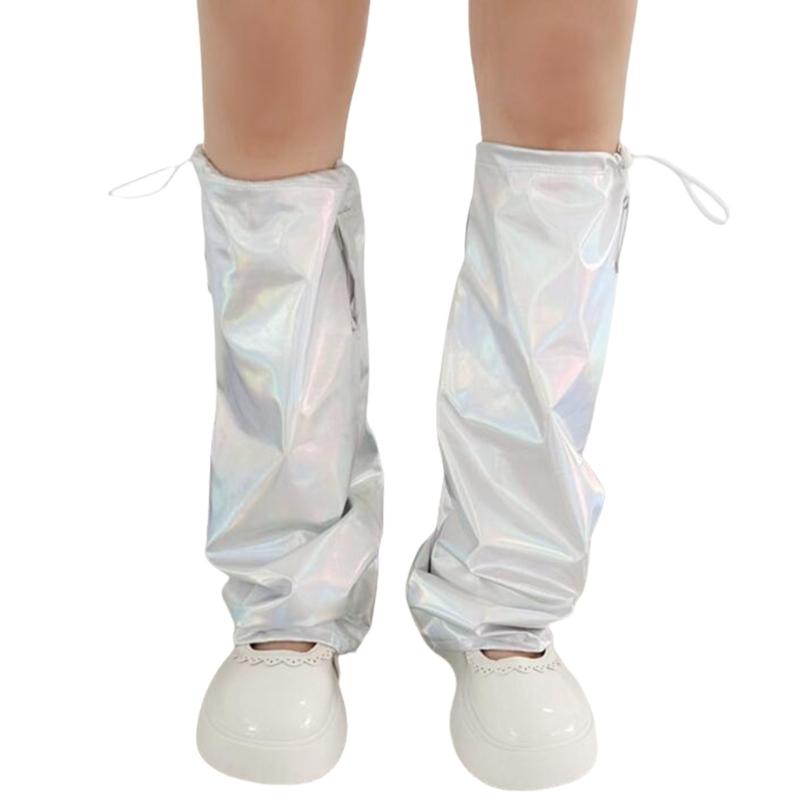 Women Harajuku Shinning Metallic Leg Warmer with Drawstring Flared Long Socks Grunge Baggy Loose Foot Cover Streetwear