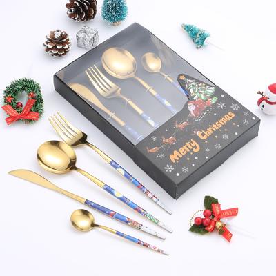 Christmas Stainless Steel Tableware Set Creative Knife, Fork, Spoon Portable 4 Pcs Dinnerware Set Christmas Gift Box