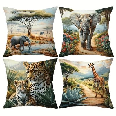 1/4pcs African Wildlife Safari Throw Pillow Covers Wild Animal Leopard Elephant Giraffe Home Decor Cushion Cover