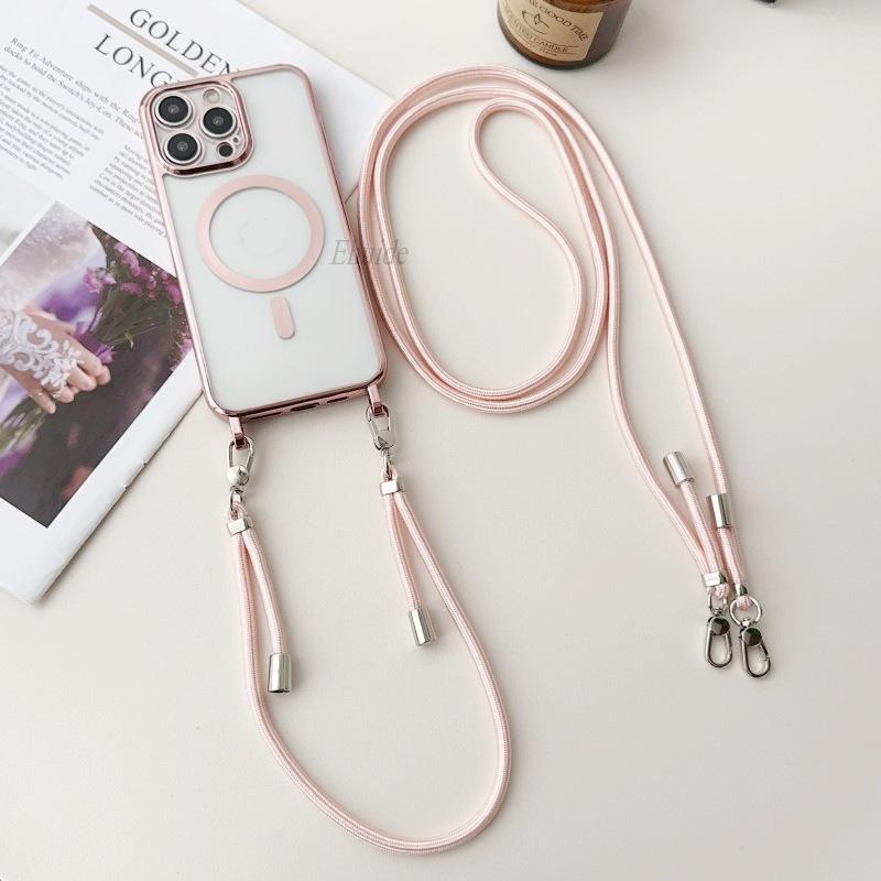 Plating Magnetic Strap Case For iPhone 15 13 12 11 14 16 Pro Max Plus Crossbody Short Long Two Lanyard Necklace Rope Clear Cover