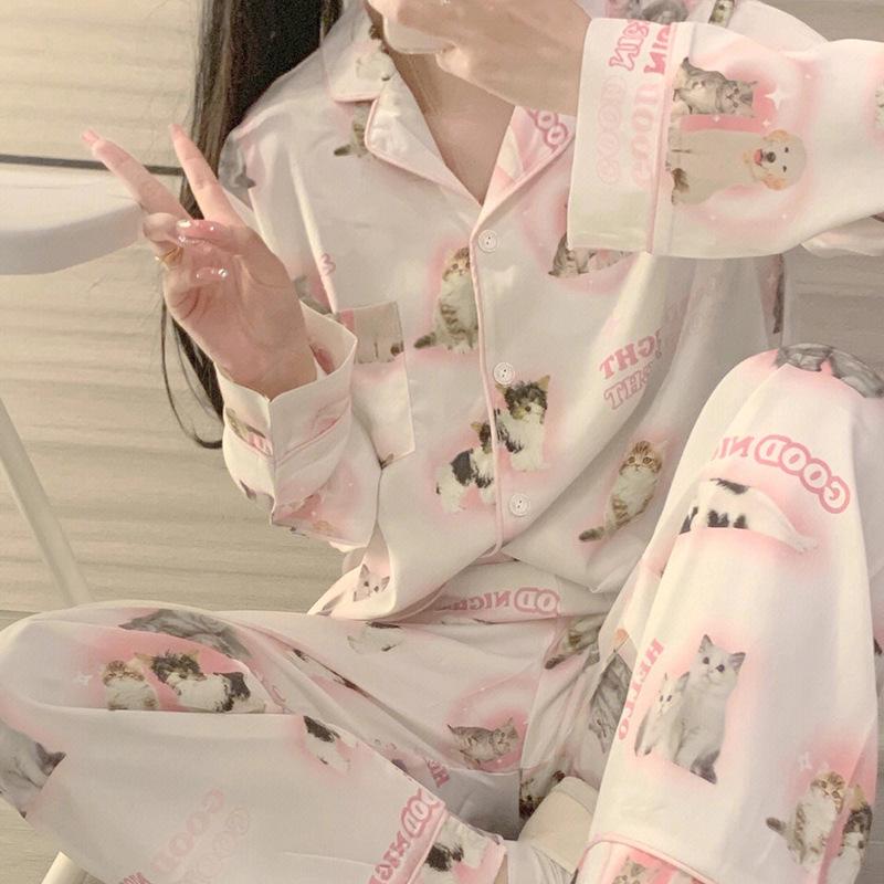 Animal Bee Print Pajamas Set for Women Sleepwear Faux Silk Satin Long Sleeve Pants Female Lounge Spring Fall Cartoon Pyjama