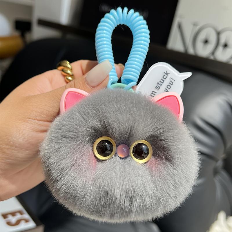 Real Rex Rabbit Fur Keychain Cute Cat Plush Ball Women Bag Ornaments Car Keyring Pendant Metal Trinkets Toy Girl Birthday Gift