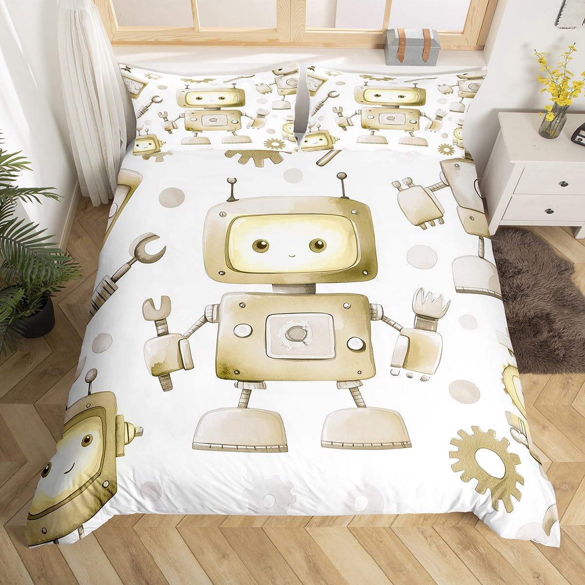Housse de couette Robot Jouets de dessin animé Équipement intelligent Ensemble de literie Fleurs aquarelles Housse de couette 3 pièces Polyester Housse de couette EU Single(135x200cm)