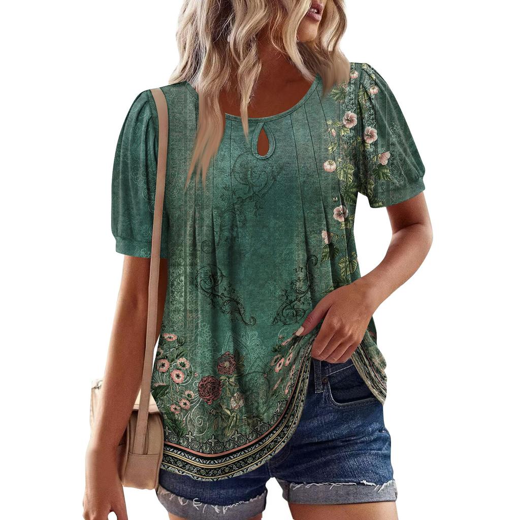 Dámské letní topy ležérní volánové s krátkým rukávem s kulatým výstřihem volná plisovaná trička