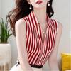 Women Black White Striped Sleeveless V Neck Blouse Elegant Office Casual Tank Tops