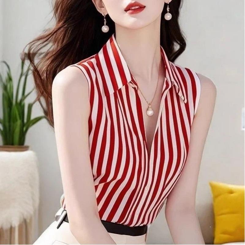 Women Black White Striped Sleeveless V Neck Blouse Elegant Office Casual Tank Tops