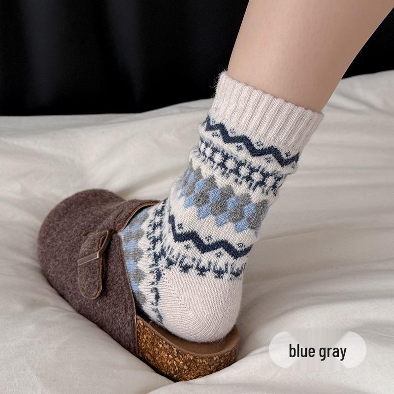 Damen Vintage Fair Isle Wollsocken, Verdickt Warm Wadenlang, Herbst Winter, Kaffeefarben, Kniehoch.