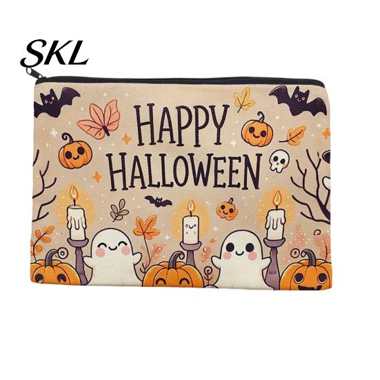 Spill Proof Stationery Holder Storage Bag, with Halloween Pumpkin Ghost Print, Smooth Themed Travel Bag Zipper Canvas Makeup for Cosmetic Organizer