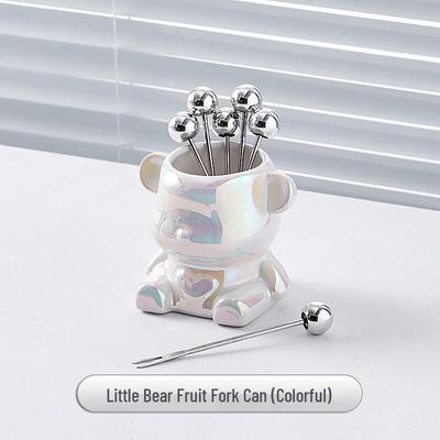 ZISIZ Simple Stainless Steel Fruit Forks Set with Colorful Bear Holder