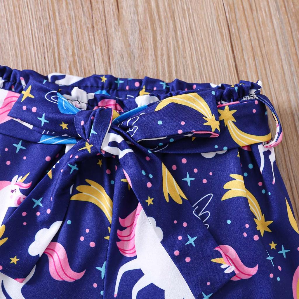 Girls 2 Piece Outfit 1-8Y Pink Unicorn Print T-Shirt with Shorts Set Kids Ruffle Sleeve Summer Clothing Sets