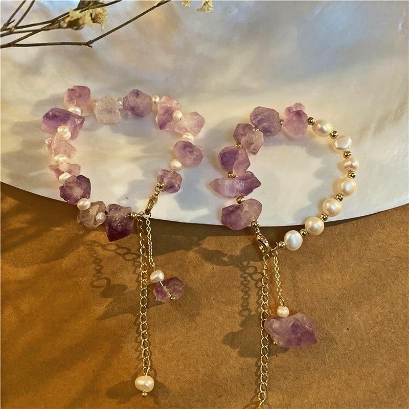 Women Girls Freshwater Pearls Bracelet Irregular Natural Stone Amethysts Purple Crystal Oval Shape Pearl Golden Bangle Jewelry