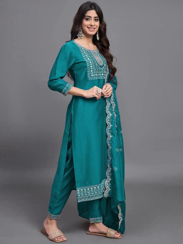 Women Embroidered Rayon Kurta Pant Dupatta Set Indian Bollywood Top Tunic Salwar Suit