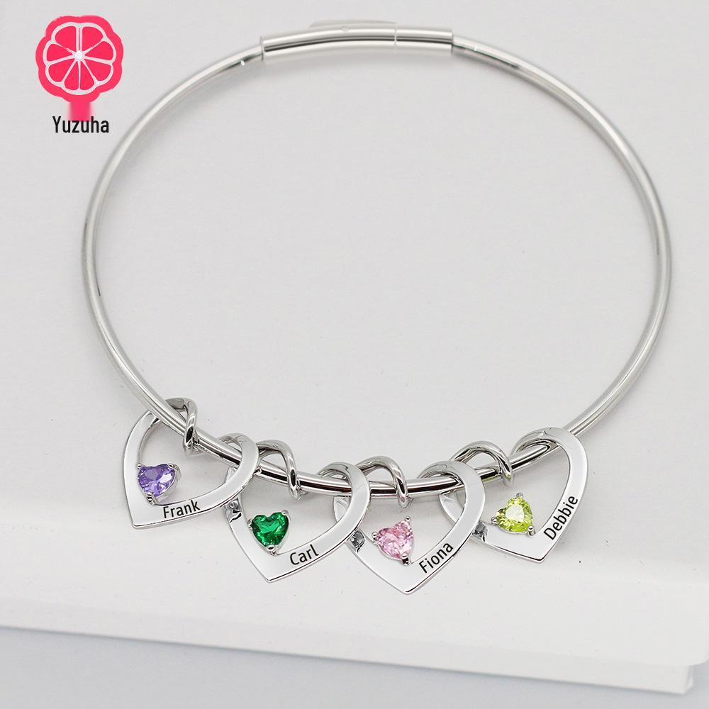 Exclusive 12-Color Birthstone Heart Bracelet with Custom Family Names – Christmas Gift