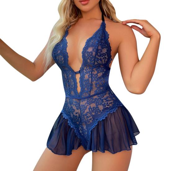 Women Sexy Nightdress Hollow Out See-through Lace Slim Fit Sleeveless Backless Deep V Neck Lace-up Halter Neck Open Crotch Lady Sleepwear Clothes