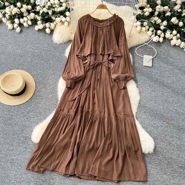 French Vintage Evening Dress Elegant Asymmetrical Ruffle O Neck Long Sleeve Lace Up Spliced Chic High Street Autumn Clothing