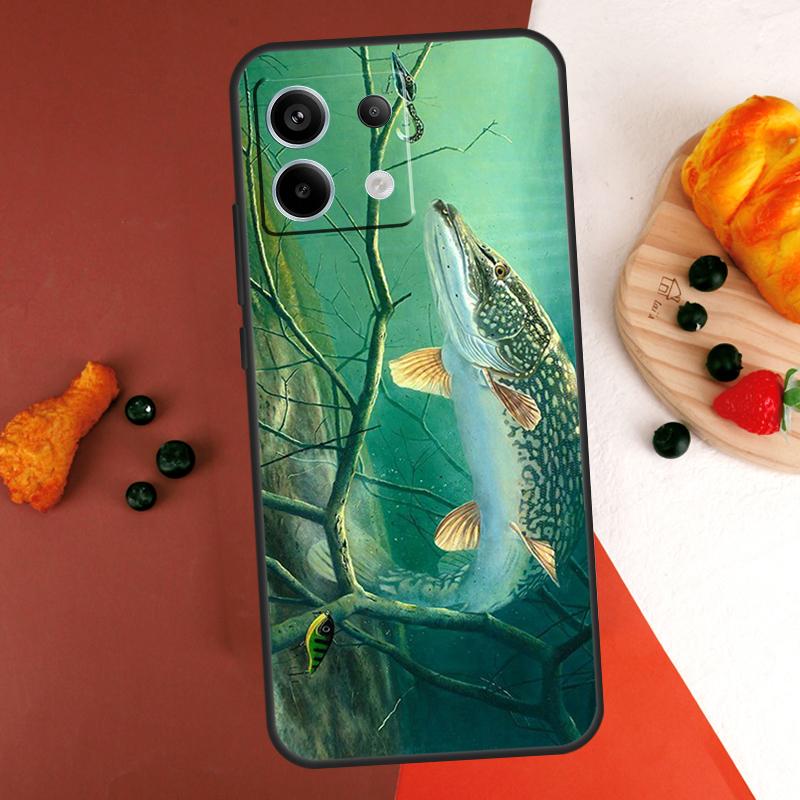 Pike Fish Fishing Lure Case For Xiaomi Redmi Note 14 13 Pro 9 10 11 12 Pro 10S 11S 12S Redmi 14C 13C 10C 12C Coque