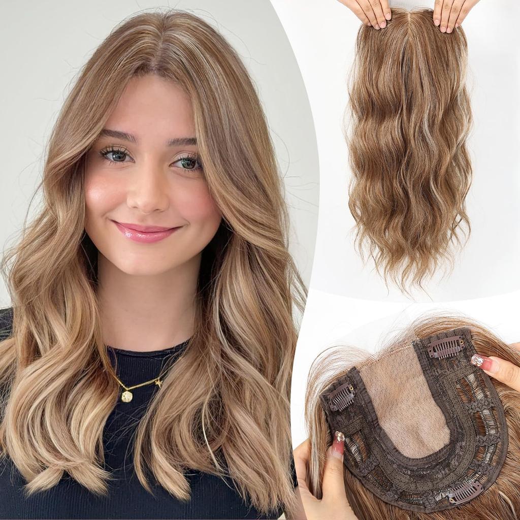 20 Inch Natural Brown Synthetic Hair Toppers Long Wavy Hairpieces for Women 6" ×6" Large Base Lace Front Hair Topper Clips In