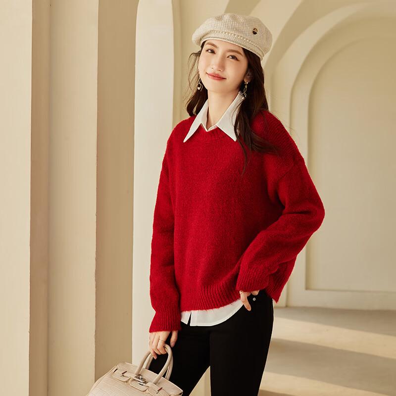 VICTORIA&VERA Women's Red Wool Blend Round Neck Knitted Sweater