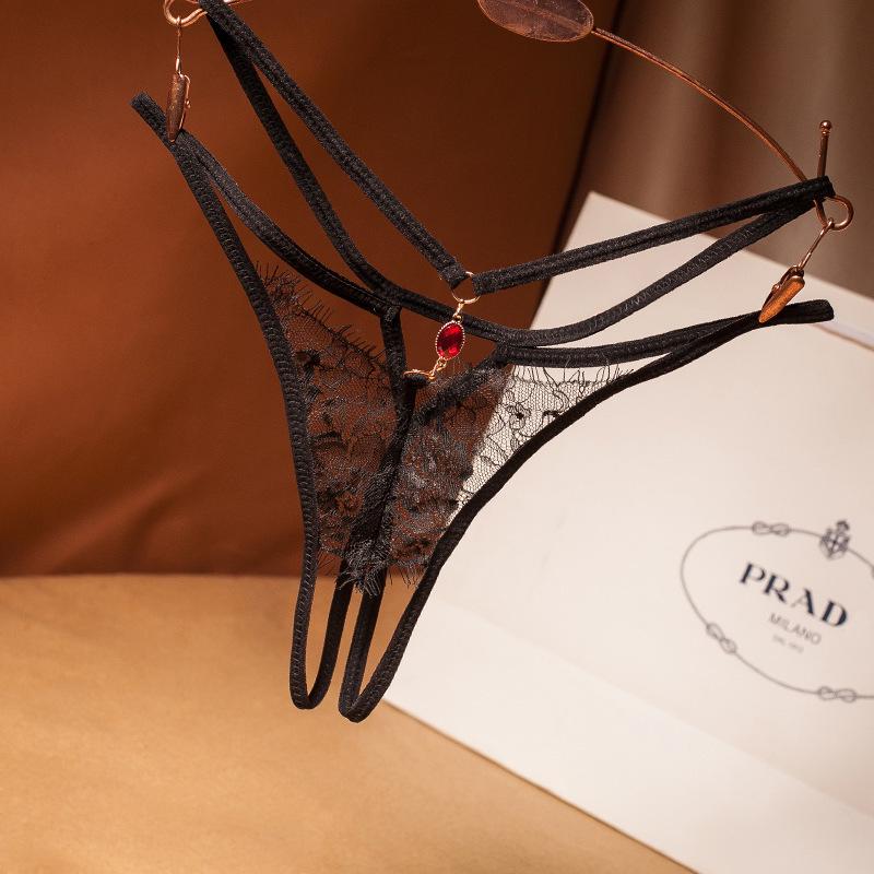 T-back Sexy Eyelash Lace Crotchless Rhinestone Panties - Low-Waist Transparent Lingerie for Women