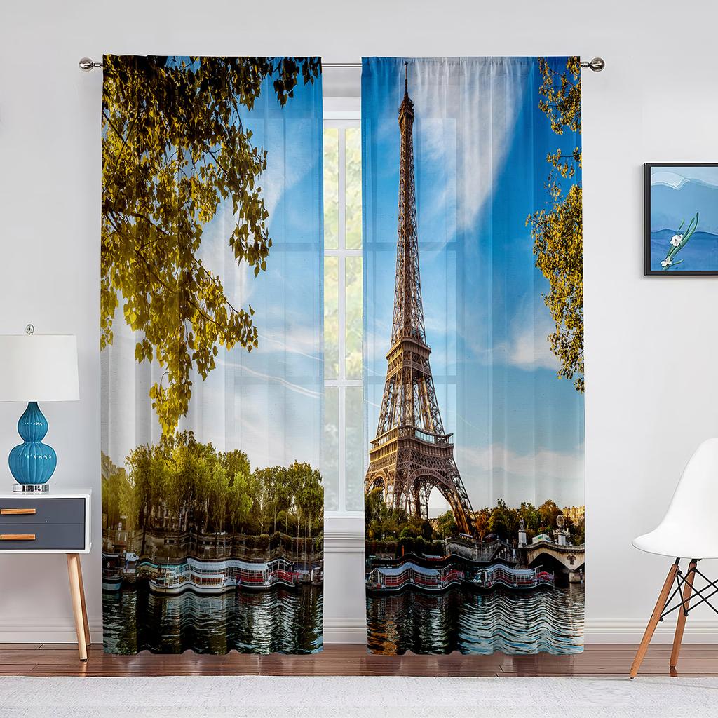 Paris Eiffel Tower Trees European City Landscape Voile Curtain Window Treatment Tulle Curtains for Living Room Sheer Curtains