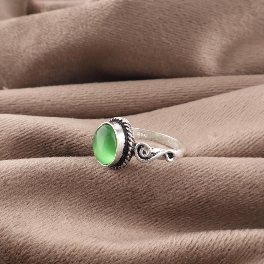 Grüner Katzenaugen-Edelsteinring, 925 massiver Sterlingsilberring, handgefertigter spiritueller Schmuck als Hochzeitsgeschenk