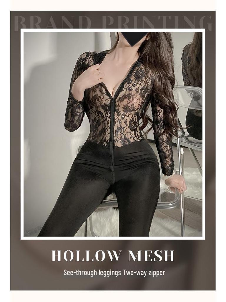 Yi Jin Women's Lace See-Through Bodycon Lingerie with Double-Headed Zipper and Open Crotch
