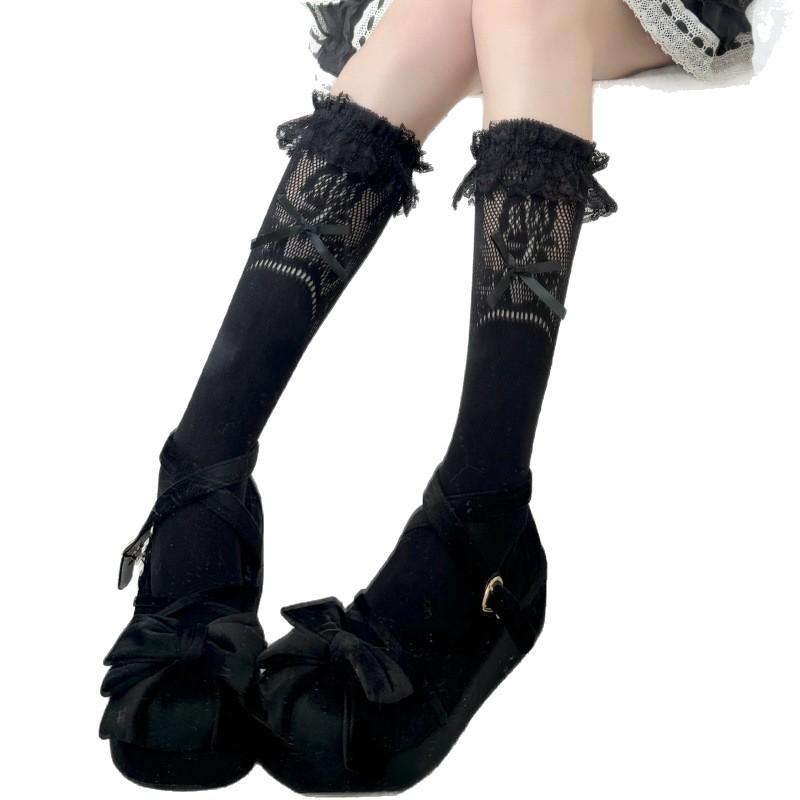 Ballet style socks cream lace girl bow short tube socks ribbon gentle sweet cute JK calf socks