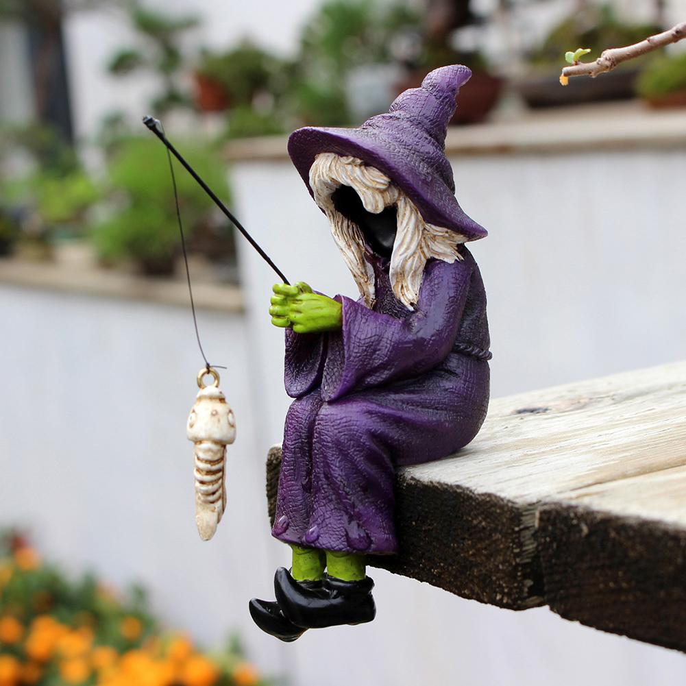 Resin Home Purple Witch Fishing Ornament Gift Funny Halloween Decoration Fishing Witch Sculpture for Ghost Festival Garden Yard