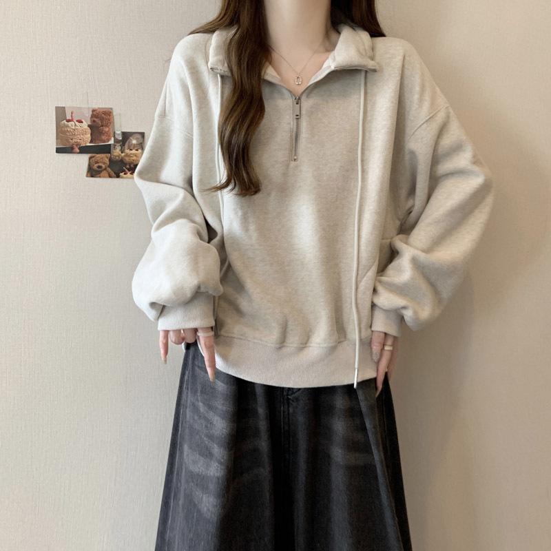 Women Solid Color Loose Half Zip Stand Collar Cropped Thin Casual Sweatshirt