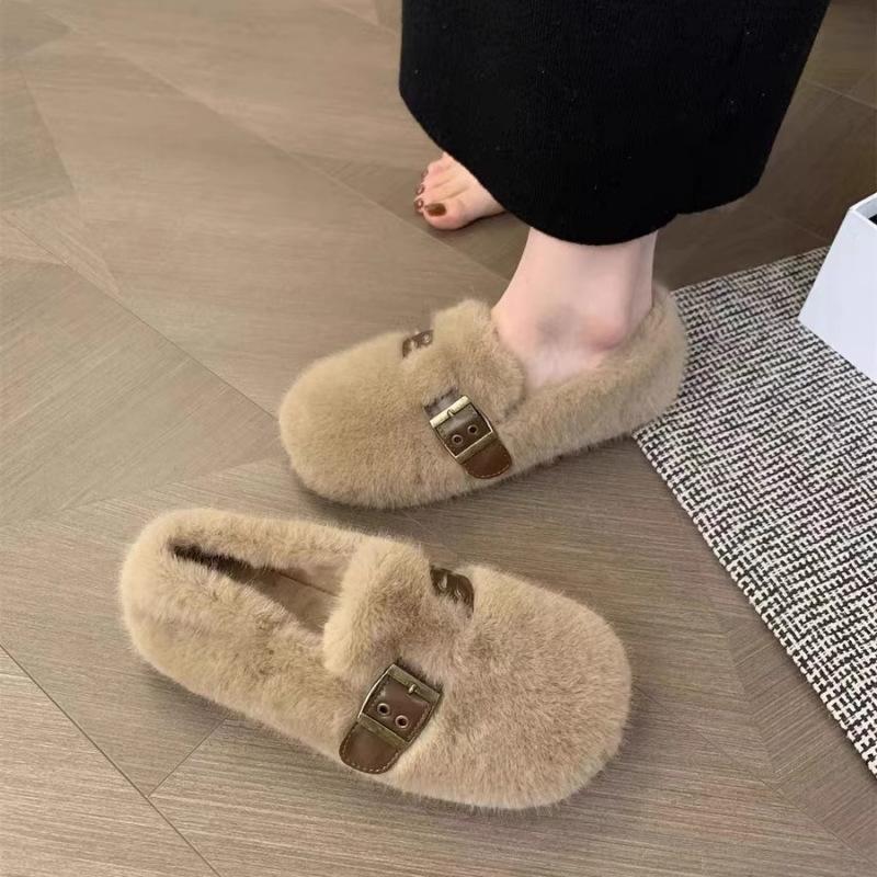 Mink Fur Shoes for Women  2026 New Autumn and Winter Bean Shoes  Women's Flat Bottom with Velvet Cotton Shoes