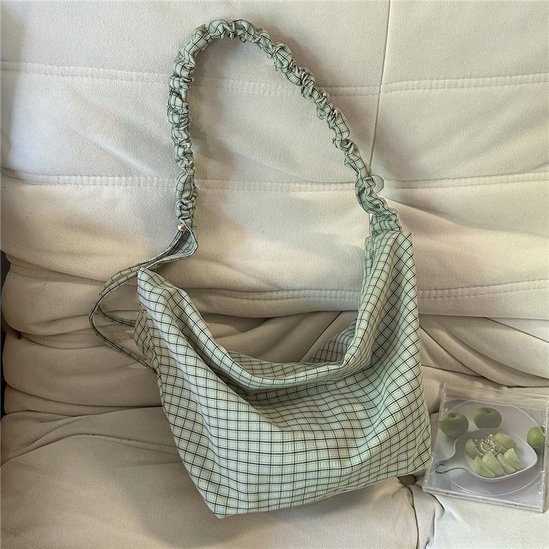 Plaid Slouchy Hobo Bag with Ruched Strap Zip Closure Casual Shoulder Purse for Women Daily Use