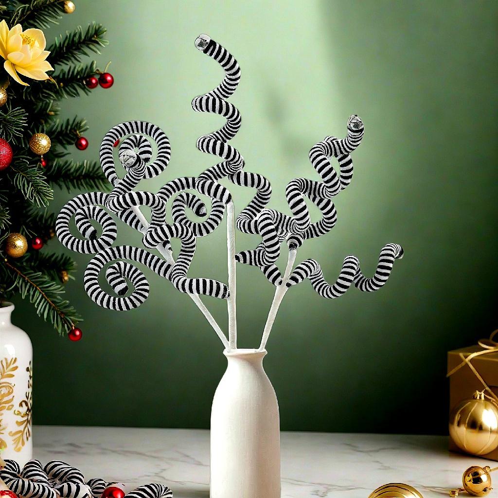 1PC Set Black/White Christmas Tree Picks Christmas Tree Decoration Woolen Bells Curly Pick Halloween Decoration
