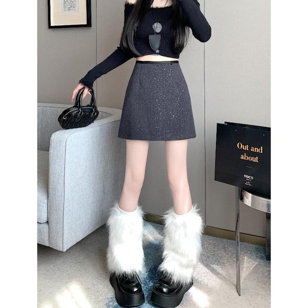 Women's Plus Size A-line Sequin Wool Blend Skirt - High Waist, Shiny, for Spring and Autumn
