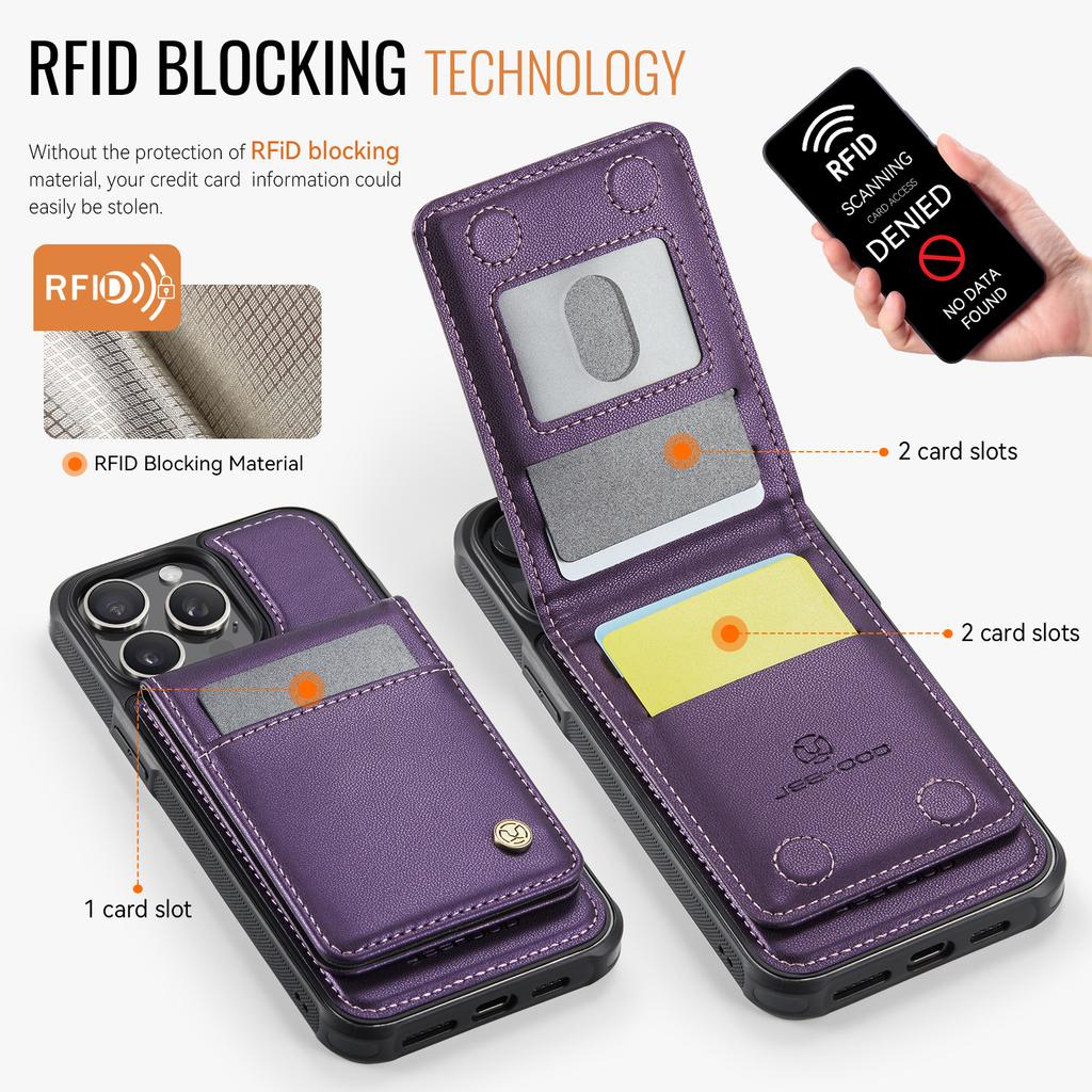 For iPhone 14 Pro Leather Back Cover Compatible with MagSafe JEEHOOD J06 Phone Case with Card Bag RFID Blocking