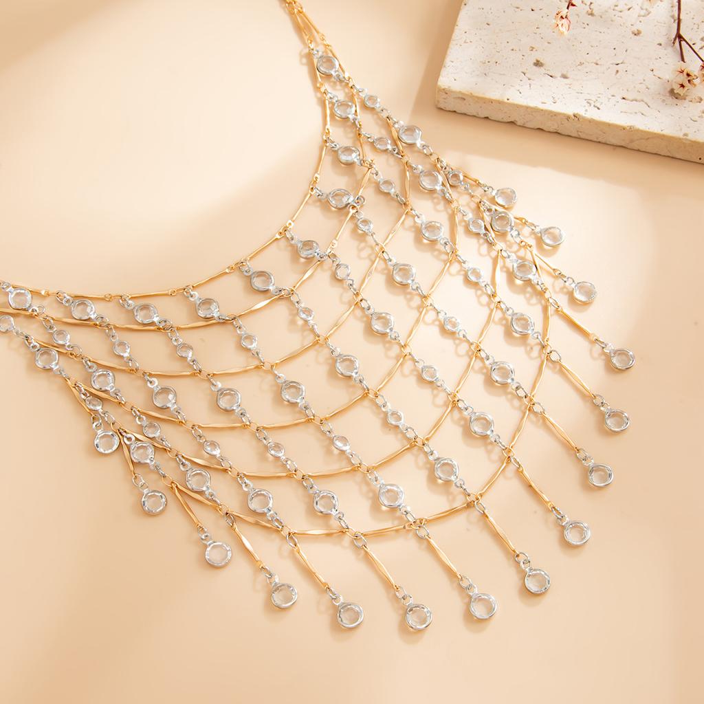 European and American Temperament Mesh Multi-layer Crystal Fringed Necklace, Exaggerated Heavy Industry Waterfall Pendant Collarbone Jewelry