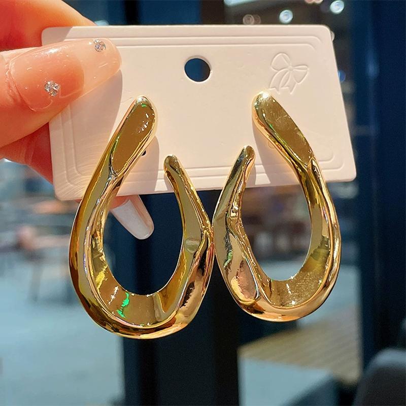 Exaggerated Metal Glossy Irregular Distorted Geometric Large Earrings for Women  Fashion Personality Party Vintage Zircon Gifts